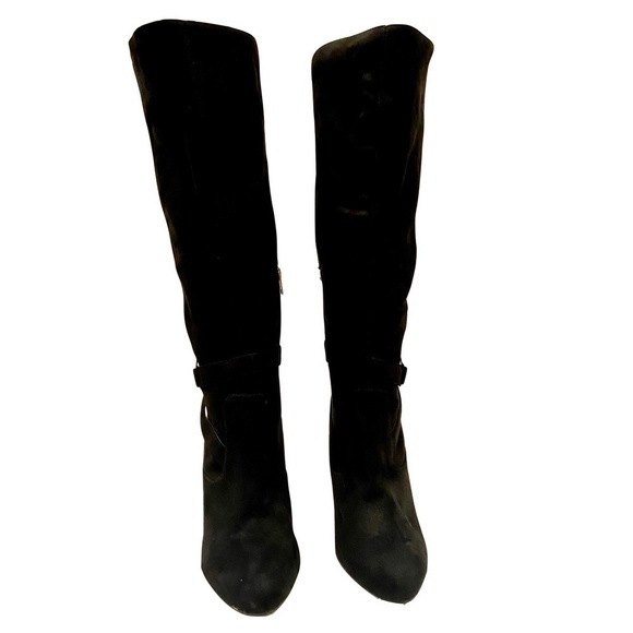 NWOTB - BEBE BARYA Black Suede Knee High Boots with Gold-tone Logo Size 10 - Picture 2 of 10